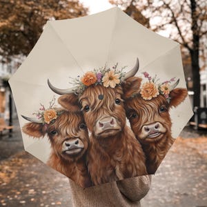 Umbrella with cow motif, animal children&#39;s umbrella for girls, autumn pocket umbrella for women Highland cow, handbag umbrella with print