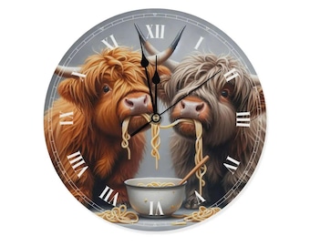 Relógio de parede com vaca das Terras Altas, relógio de cozinha de madeira, relógio de parede divertido, design de vaca escocesa, relógio de cozinha para massas, relógio com motivo de vaca, relógio de cozinha silencioso estilo fazenda