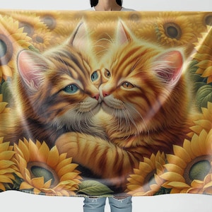 Cat motif flannel blanket, soft baby blanket cats, animal motif children&#39;s blanket, sunflower children&#39;s blanket, animal motif cuddly blanket, cat lovers