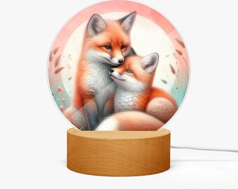 Dimmable night light with foxes, acrylic night light fox motif, LED night lamp forest animal design, children's room decoration with foxes