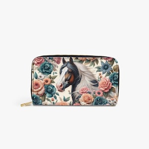 Carteira com motivo floral de cavalo para mulher | Carteira de menina com cavalo | Carteira feminina com design de cavalo | Bolsa de couro para fãs de cavalos