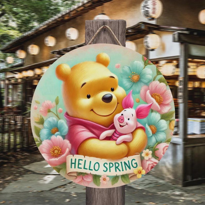 Hello Pooh Spring Round Spring Door Sign With Winnie-the-pooh and Piglet β Pastel Floral ...