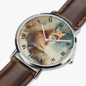 Women&#39;s leather watch fox, wristwatch fox motif, girls&#39; watch forest animal, watch red fox design, children&#39;s watch with animal motif, gift fox lover