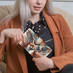 Cartera para mujer con diseño de zorro y búho con múltiples compartimentos | Cartera con motivo de zorro | Cartera grande con cremallera | Clutch con diseño de animales del bosque