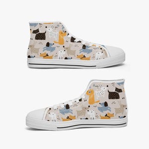 High-top sneakers with dog motif, canvas sneakers for dog lovers, ankle shoes with cute dog print, women's shoes dog design