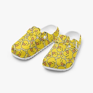 Zuecos amarillos para mujer, zuecos para hombre, zapatos de jardín, divertido patrón de patito de goma, diseño de pato, zuecos de patito de goma, zapatos de jardín, zuecos ligeros para exterior