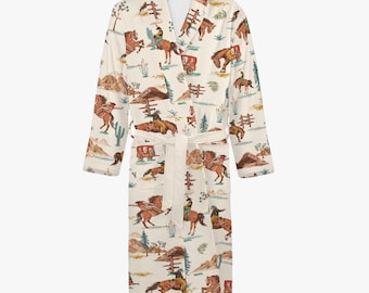 Vintage Western Dressing Gown – Cowboy & Horse Motif Bathrobe – Unisex Wrap, Women's Robe, Men's Robe, Sauna Bathrobe, Teen Robe