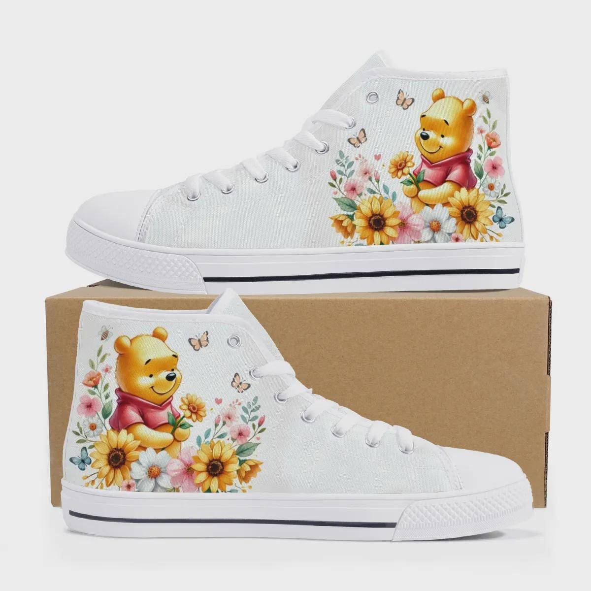Cute sneakers with Winnie the Pooh and sunflowers, playful high-tops with floral illustration, women's canvas shoes with flowers and honey bear.