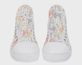 Cat Sneakers for Women, Men, and Kids – Colorful High Top Shoes with Cat Motif & Hearts – Funny Animal Sneakers – Gift for Cat Lovers