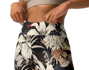 Black women's leggings floral pattern - opaque - stretch, high-waist yoga pants, sports leggings floral, summer leggings teenager floral