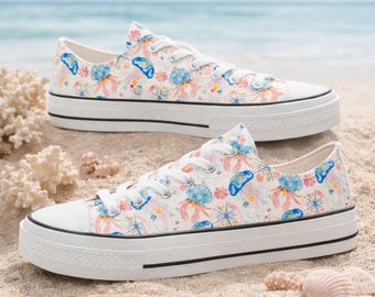 Women's Low Top Canvas Sneakers with Nautical Design – Comfortable Summer Shoes with Beach Motif for Everyday Life & Holidays