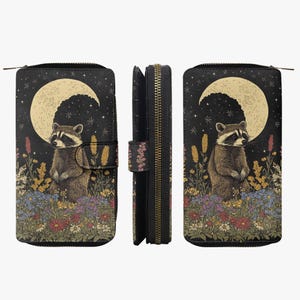 Mystical raccoon wallet with moon – nature forest design purse for women – boho animal motif purse – gift for nature lovers