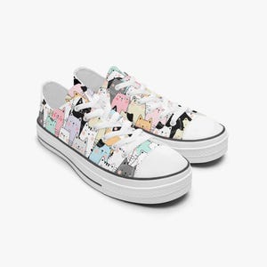 Zapatos de mujer con gatos de dibujos animados de colores, zapatillas con diseño de gato, zapatillas para niña motivo de gato, zapatos de gato, zapatillas bajas kawaii gato