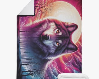 Wolfdeken Neon Maanverlichte Nacht | Mystieke Dierendeken Galaxy Look voor Kinderen & Tieners | Sprei voor Slaapbank | Cadeau voor Meisjes en Jongens