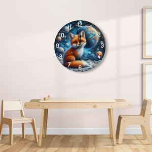 Wooden children&#39;s clock for children&#39;s rooms - wall clock with planets, fox - stars - space clock for boys - girls, space clock for children