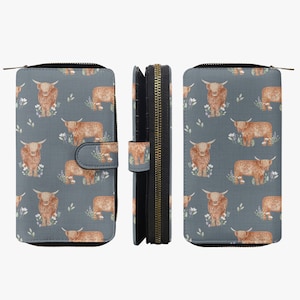 Cartera de vaca Blue Highland de piel sintética, cartera para niñas con motivo de vaca, cartera con motivo animal para niñas, cartera grande con diseño de vaca