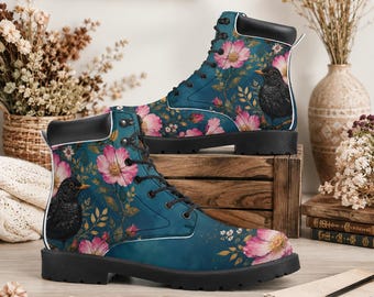 Blackbird Boots dameslaarzen met vetersluiting, versierd met vogels en bloemen, botanische schoenen, cottagecore laarzen