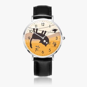 Reloj de gato para mujer – Divertido reloj con gato negro en el tendedero – Regalo para niñas y amantes de los animales – Reloj con correa de cuero