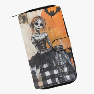 Halloween wallet for women, gothic wallet, skeleton design, clutch handbag large, cell phone wallet for women, pumpkin bat design