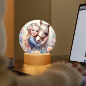 Horse lamp night light – LED children&#39;s room lamp girl with horse – gift idea for horse lovers – boho decoration night light with wooden base