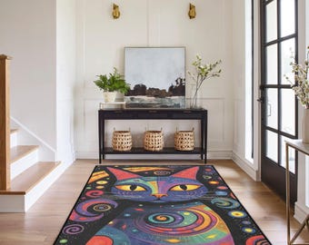 Modern short pile carpet entrance area, cat design, non-slip hallway carpet, colorful abstract, rug for youth room - living room