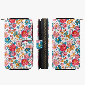 Cartera de cuero floral mujer - cartera grande diseño de flores, cartera con cremallera floral azul-rojo, cartera moderna