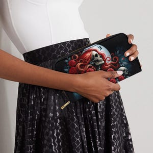 Cartera gótica de esqueleto para mujer, negra, con rosas rojas, bolso místico para mujer, monedero gótico con luna, idea de regalo.