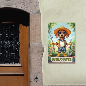 Letrero metálico con frase – Letrero de jardín con diseño de perro salchicha – Decoración de pared de bienvenida – Letrero metálico con motivo de perro – Decoración de jardín para puerta de entrada, valla y jardín