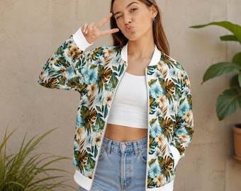 Lightweight Tropical Bomber Jacket Women Plus Size – Floral Transition Jacket with Zipper – Lightweight Blouson Jacket – Gift for Fashion Fans