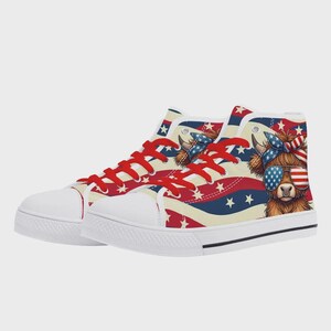 USA Sneakers for Women and Girls – Patriotic Highland Cow Shoes with Flag Sunglasses – 4th of July High-Top Sneakers – Americana Shoes