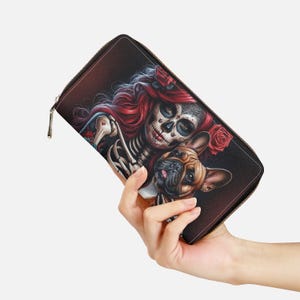 Cartera de mujer con esqueleto gótico | Cartera de bulldog francés | Cartera gótica con motivo de perro | Bolso de mujer místico