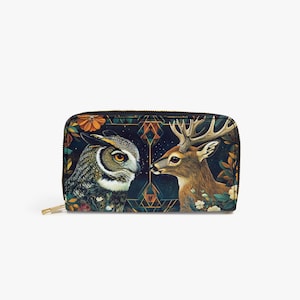Cartera con diseño de búho y ciervo – Cartera con animales místicos del bosque para mujer – Cartera bohemia con animales del bosque y cremallera – Idea de regalo para amantes de la naturaleza