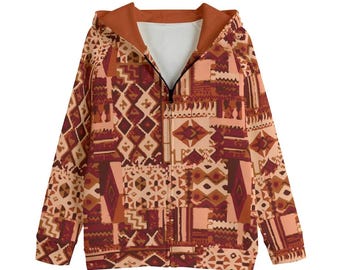 May include: A zip-up hooded sweatshirt featuring a patchwork-style pattern in shades of terracotta, burnt orange, cream, and deep maroon. The garment includes a full-length black front zipper, long sleeves, and a solid orange inner hood lining.