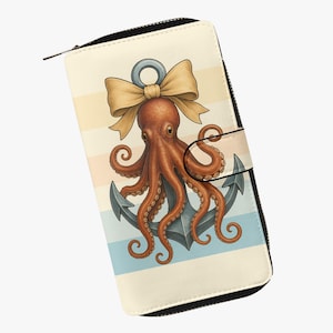Cartera con cremallera para mujer – Cartera de pulpo con ancla y lazo – Diseño marino vintage – Idea de regalo para amantes del mar