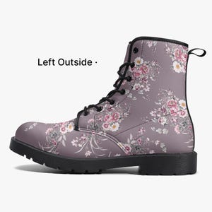 May include: A pair of grey floral print lace-up boots with black laces and a black sole.  "Left Outside" is written in white text on the image.