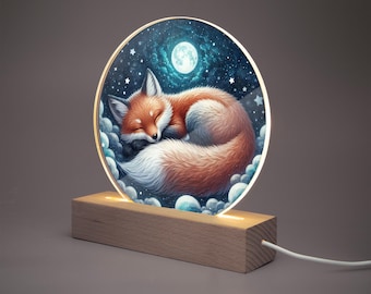 Dimmable night light with sleeping fox, acrylic night light fox and moon, LED night lamp with forest animal motif, baby room decoration