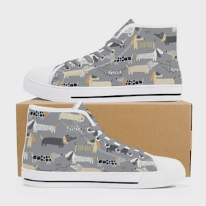 Dog Pattern Sneakers – Funny High-Top Shoes for Kids, Women and Men – Grey Sneakers with Dachshund – Cartoon Dog Shoes – Gift for Dog Lovers