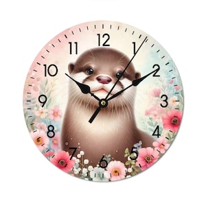 Children&#39;s room wooden clock girls, wall clock children otter, flower motif children&#39;s clock, cute animal clock wood, wall clock animal motif, otter design clock