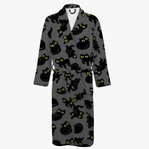 Damesbadjas met grijs kattenpatroon - Herenbadjas, badjas met cartoonkattenmotief, damesbadjas, badjas voor kattenliefhebbers, herenbadjas