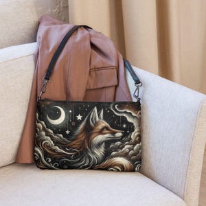 Black women&#39;s shoulder bag, fox design bag, moon motif shoulder bag, faux leather handbag - crossbody bag, fox lover gift