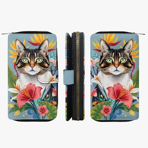 Carteira de couro com motivo de gato, carteira para mulheres amantes de gatos, carteira com estampa de gato fofa, carteira com design de gato