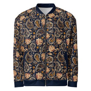 Cazadora bomber ligera para mujer, chaqueta de transición con estampado floral, cazadora vintage con estampado paisley, chaqueta de mujer estilo boho, chaqueta de primavera para mujer azul marino