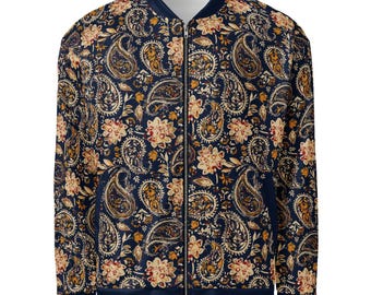 Lightweight bomber jacket for women, floral pattern transitional jacket, vintage paisley blouson, boho style women's jacket, spring jacket for women navy blue
