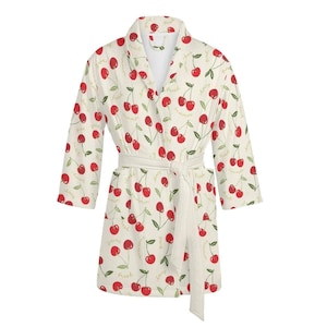 Light summer bathrobe with cherry pattern, dressing gown for women with fruits, children&#39;s bathrobe cherry motif, unisex summer coat