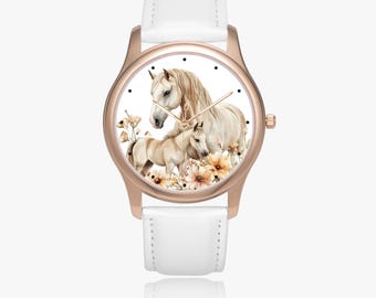 Horse watch for women – watch with mare and foal motif | Gift for horse lovers, riders | White leather strap and flower design