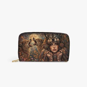 Damesportemonnee met wolfmotief – Boho-stijl portemonnee met krijger- en wolfdesign – Grote portemonnee met ritssluiting – Cadeau voor vrouwen