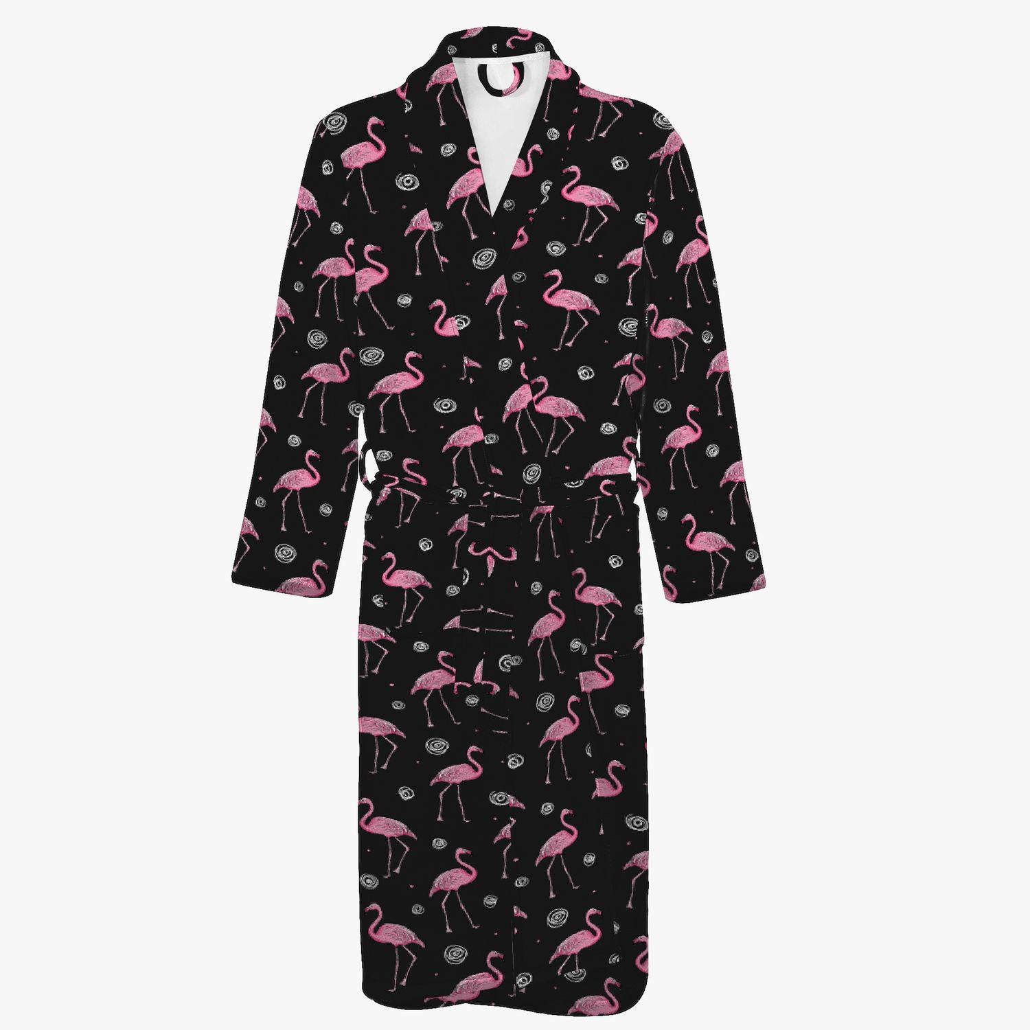 Cozy Flamingo Design Bathrobe for Women | Flamingo Pattern Dressing Gown | Black Unisex Robe with Flamingo Motif | Women's Robe