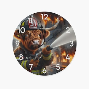 Fire Department Wall Clock Cow | Funny Animal Clock for Living Room, Kitchen, Office | Gift Idea for Firefighter Cow Lovers | Modern Wall Decor Design