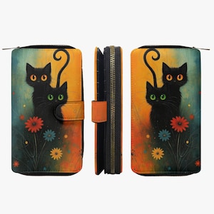Cartera de gato para mujer | Diseño de flor de gato negro | Cartera estilo boho artístico | Amantes de los gatos | Monedero con motivo de gato