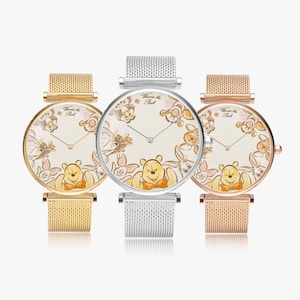 Modern stainless steel ladies watch with Winnie the Pooh design - stylish and timeless watch for Pooh Bear fans, ladies watch as a gift for her